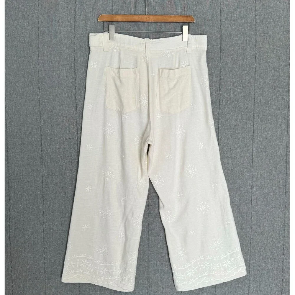 Zara Linen Blend Ivory / Light Cream High Rise Embroidered Wide Leg Pants XL